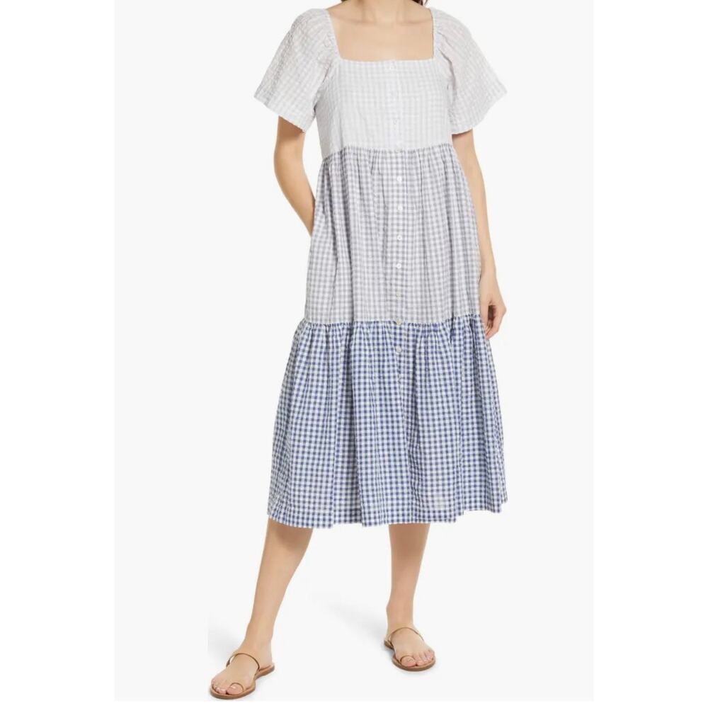 Madewell Patchwork Gingham Button Front Tiered Mi… - image 1